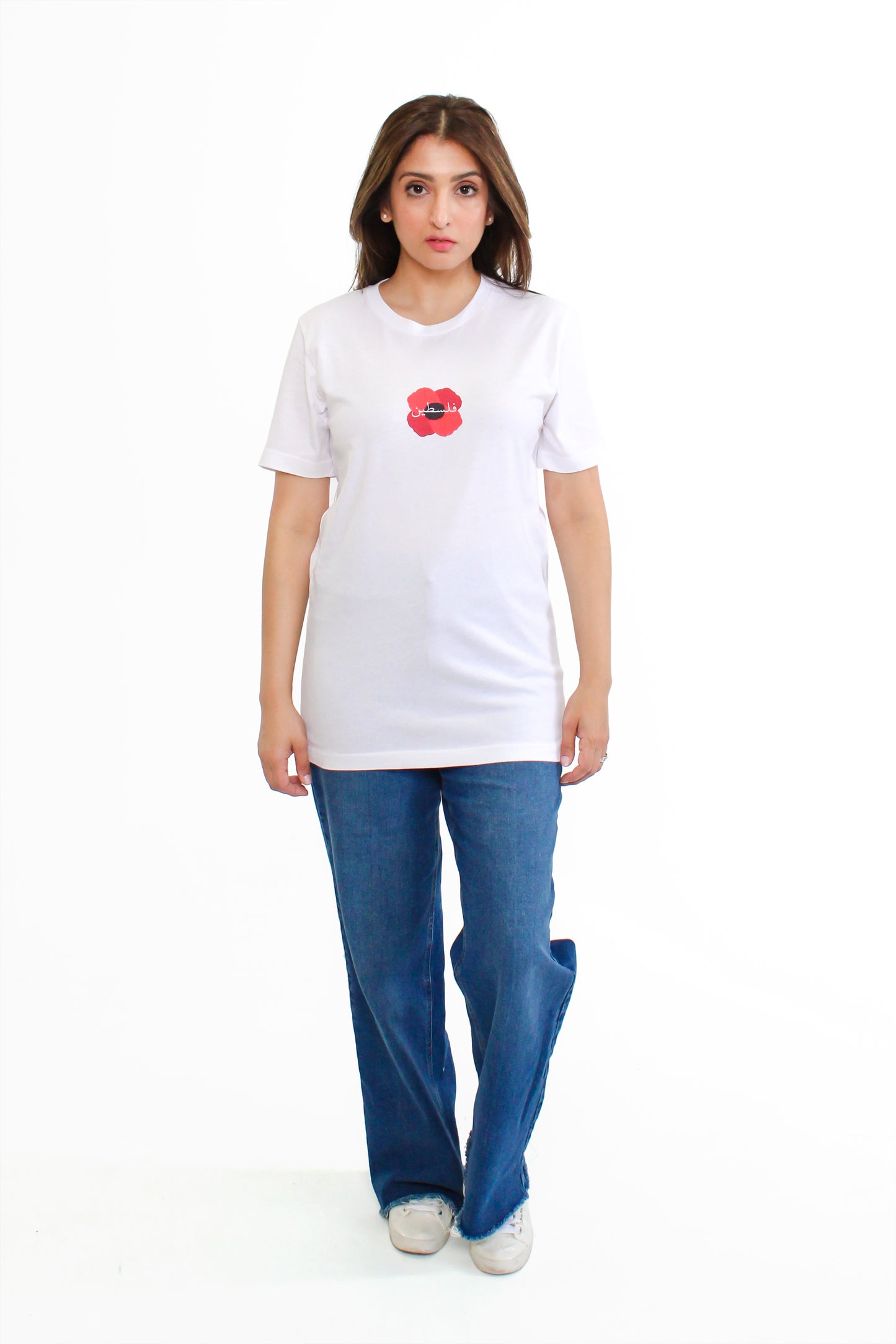 FALASTIN ARABIC POPPY TEE MODEL FRONT WOMEN